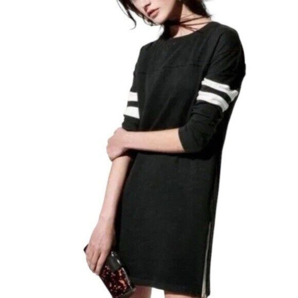 J. Crew Black Dress with White Striped Sleeves 100% cotton